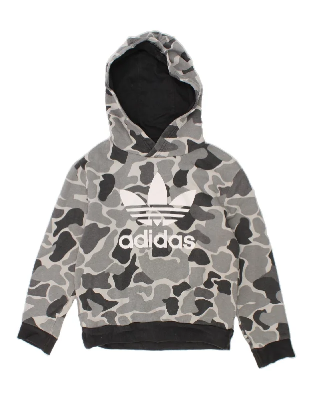 ADIDAS Boys Graphic Hoodie Jumper 7-8 Years Grey Camouflage Cotton