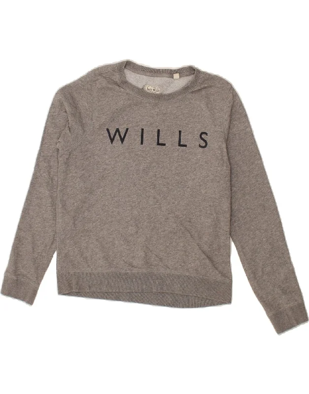 JACK WILLS Womens Graphic Sweatshirt Jumper UK 12 Medium Grey Cotton